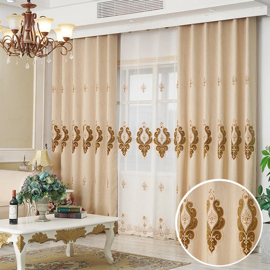 European Elegant Beige Delicate Embroidered Thick Chenille Blackout Custom Grommet Curtains