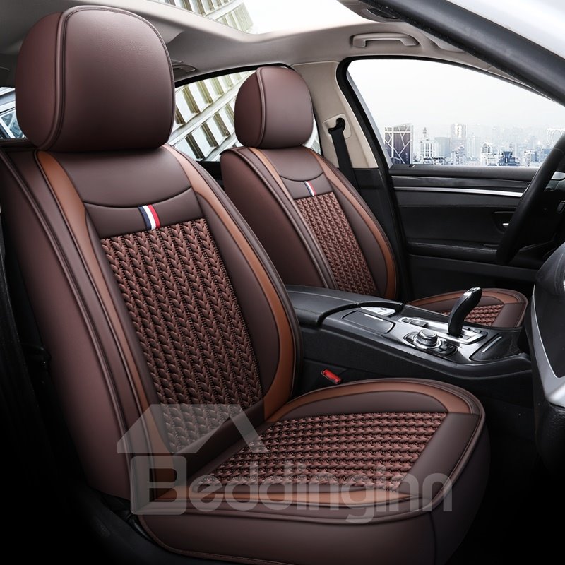 Unfading Hard-Wearing Leather And Flax Mixture Material Color Line Trimming 1 Front Seat Cover Suitable For Most Cars