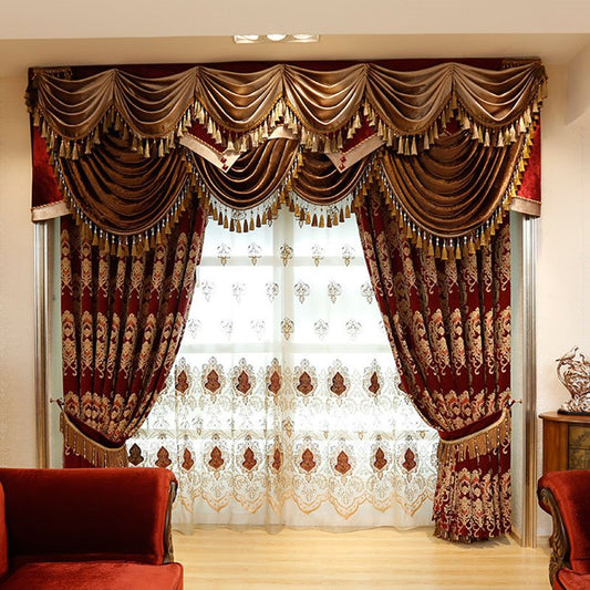 Cortinas opacas de chenilla gruesa de lujo con bordado burdeos, cortinas para sala de estar y dormitorio, hechas a medida, sin pelusas, sin decoloración, sin forro