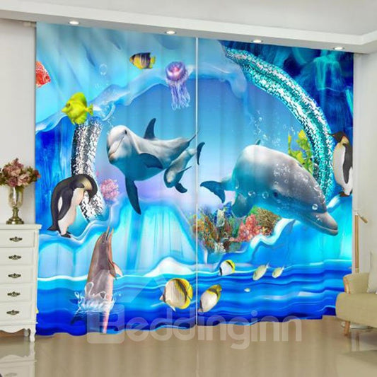 3D Sea World Print Navy Blackout Curtains for Living Room and Bedroom