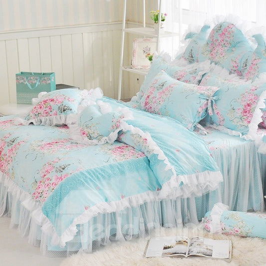 60s Cotton Lace Duvet Cover Set Bed Skirt High Quality 4-Piece Princess Style Soft Comfortable Machine Washable Bedding Sets