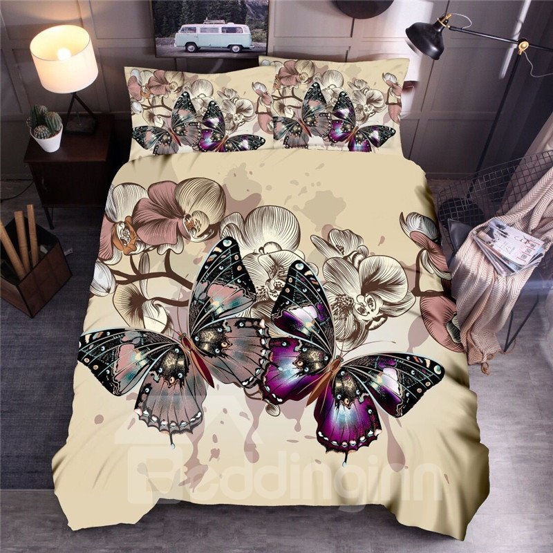 Butterflies 3D Printed Polyester 3-Piece Yellow Duvet Cover Set with 2 Pillowcases