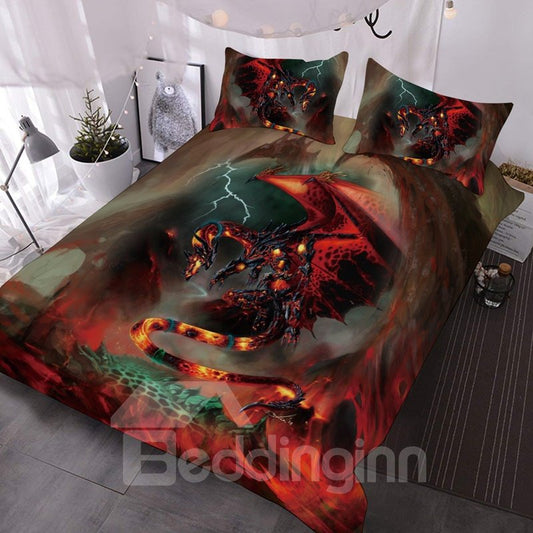 3-teiliges Bettdecken-Set/Bettwäsche-Set mit 3D-Feuerdrachen-Tierdruck, farbecht, verschleißfest, langlebig, hautfreundlich, ganzjährig, ultraweiche Mikrofaser, lichtecht 