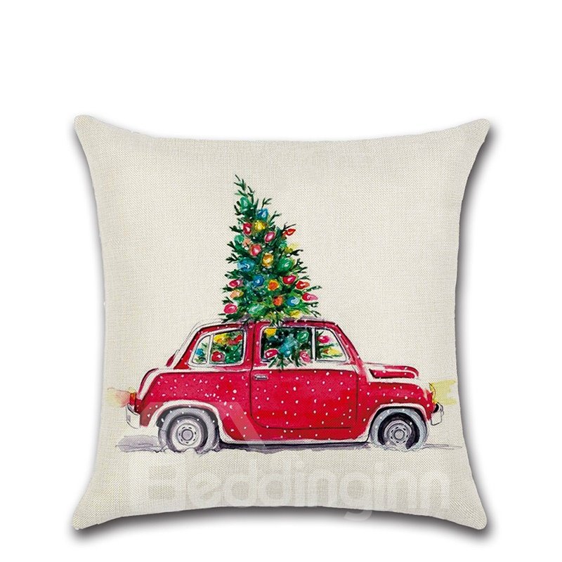 Car Carrying Christmas Tree Christmas Theme Pattern 1Piece Wear-Resistant And Dirty-Resistant Plain Flax Cheerful Christmas Theme Pattern Pillowcase £¨1 Pillowcase Without Pillow Core£©