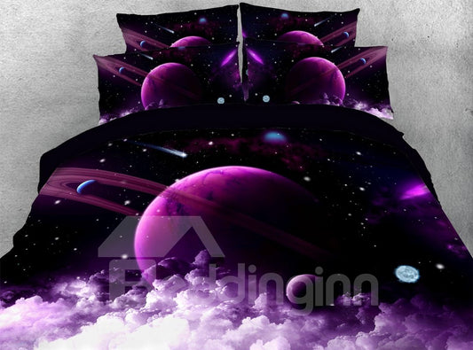 Juego de funda nórdica de galaxia púrpura, juego de cama de 4 piezas con estampado 3D, microfibra 