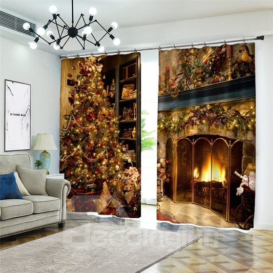 Cortinas decorativas opacas de poliéster grueso con estampado 3D de Navidad de ensueño para sala de estar y dormitorio 