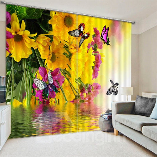 3D Print Blackout and Dust-proof Decorative Curtains with Colorful Flowers and Butterflies Pattern Advanced HD Graphic Designs Printed Technology No Pilling No Fading