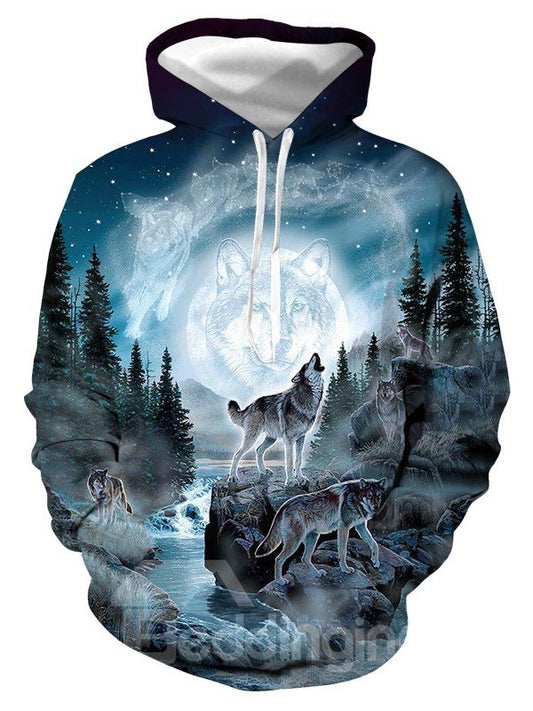 Soft Warm Realistic 3D Digital Print Pullover Hoodies Sweatshirt Sweaters with Moon and Wolf Pattern