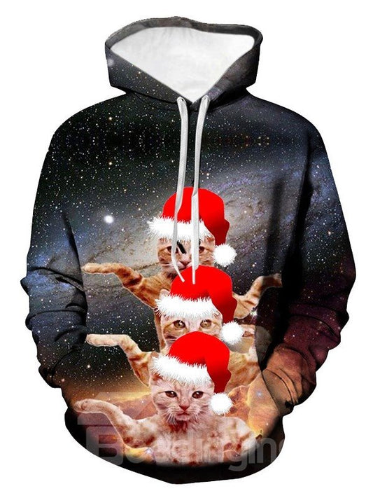 Sudaderas con capucha de manga larga informales unisex con estampado de gatos navideños divertidos de galaxia 3D 