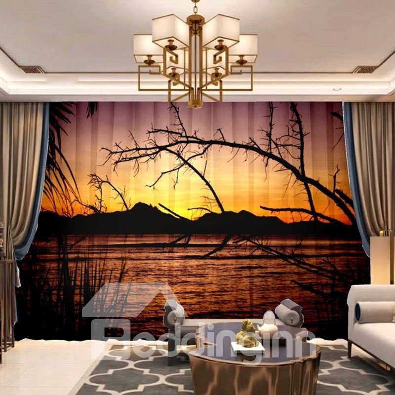 3D Nordic style Soft Chiffon 2 Panels Decorative Sheer with Romantic Sunset View