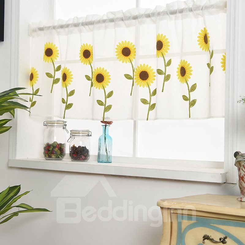 Sheer Shades Embroidered Sunflowers Sheer Voile Curtain Valance for Cabinet and Kitchen Window