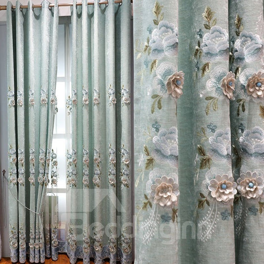 European Elegant Delicate Solid Embroidered Flowers 2 Panels Custom Chenille Curtains for Living Room Bedroom