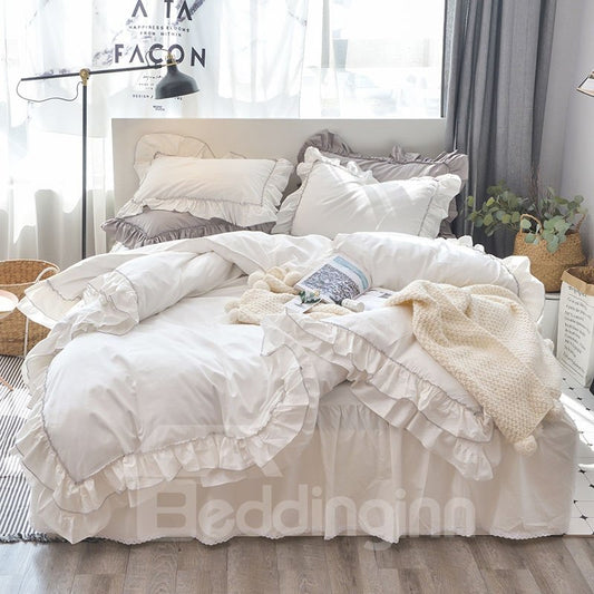 Solid White Soft Cotton Duvet Cover Sets with Bed Skirt 4-piece European Flounce Bedding Sets