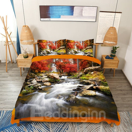 Juego de funda nórdica con paisaje natural 3D Autumn Creek, juego de cama con paisaje de 4 piezas 