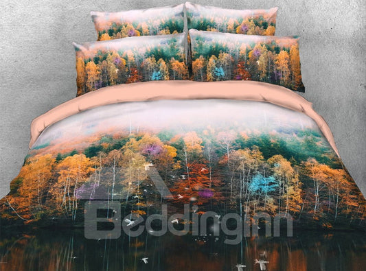 Herbstwald 3D-Landschaftsdecke, weich, leicht, warm, 5-teiliges Bettdecken-Set 