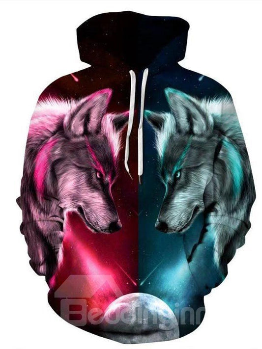 Modischer 3D-Digital-Galaxy-Wölfe-Pullover-Kapuzenpullover, sportlich, lässig, mit Taschen 