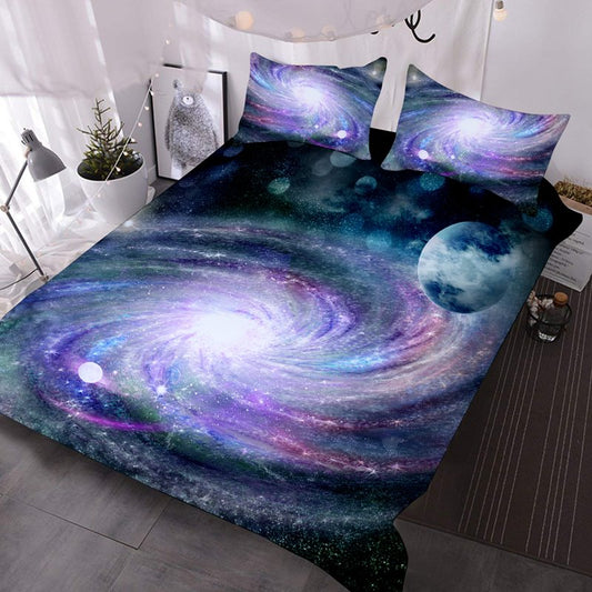 Cosmic Eddies 3D Galaxy Comforter 3-teiliges Bettdecken-Set mit 2 Kissenbezügen, lila Bettwäsche-Set 