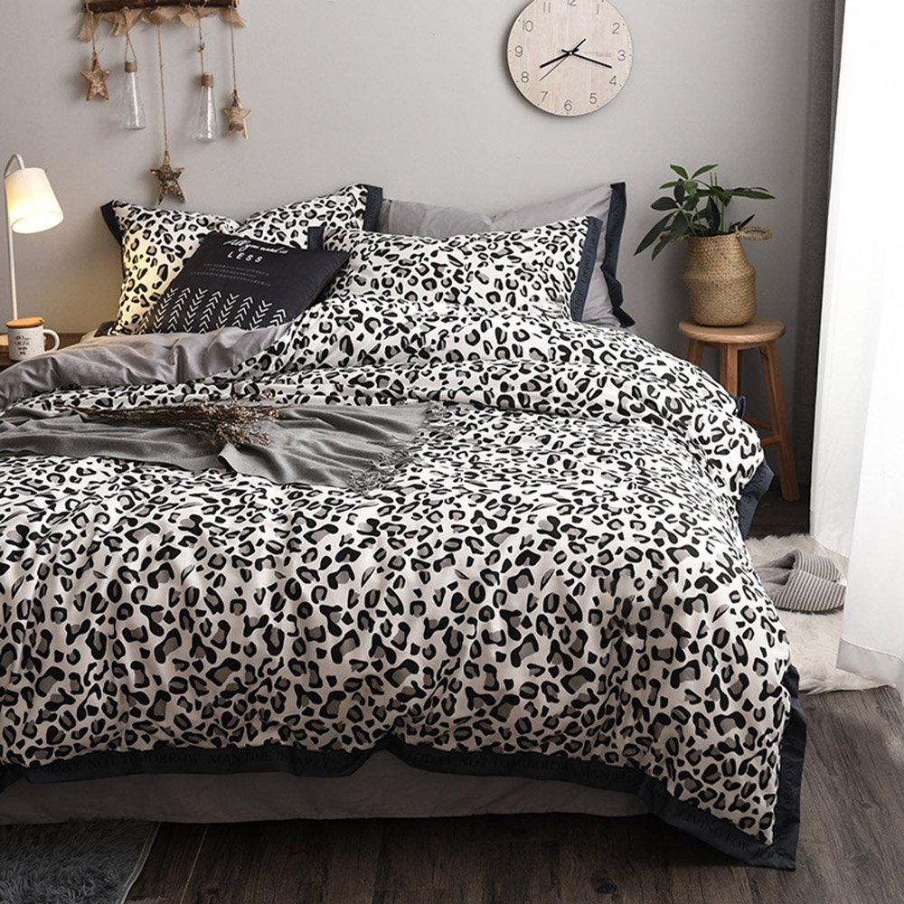 Vierteiliges Bettbezug-Set aus 100 % Baumwolle, schwarz-weißes Leopardenmuster-Bettwäscheset mit Reißverschlussbändern, 1 Bettbezug mit Wildtiermuster, 1 Bettlaken, 2 Kissenbezüge, Hotelqualität, weich, bequem, langlebig 