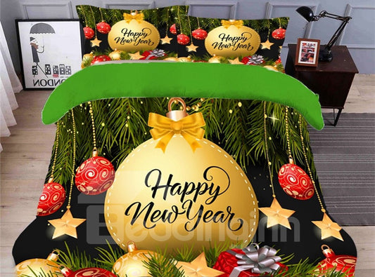 Happy New Year 3D Duvet Cover Set 4-Piece Polyester Christmas Bedding Sets