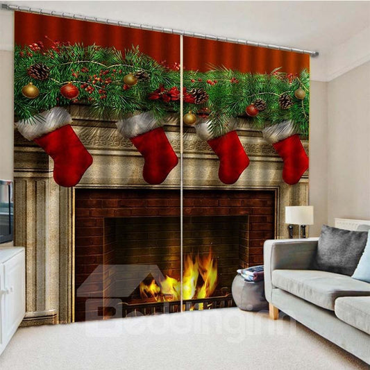 3D Christmas Stockings and Fireplace Print Blackout Decorative Curtains for Living Room Bedroom