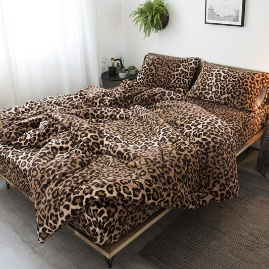 Juegos de funda nórdica de ante engrosado con estampado de leopardo Juegos de cama de terciopelo de 4 piezas 