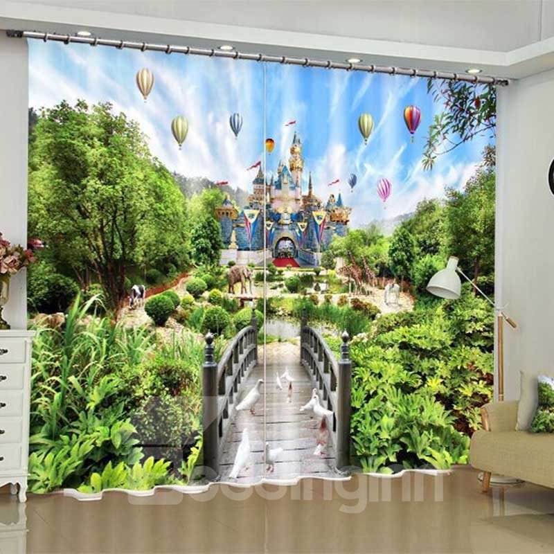 3D Room Darkening Blackout and Decorative Curtains with Disney Castle Design 260g/m2 Thick Shading Polyester No Pilling No Fading No off-lining Machine Washable