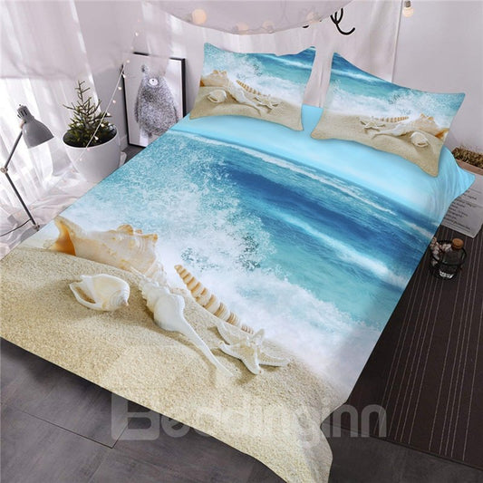 3D-Strandlandschaft-Bettdecken-Set, 3-teiliges Bettwäsche-Set, Muschel-Seestern, 2 Kissenbezüge, 1 Bettdecke, Blau 