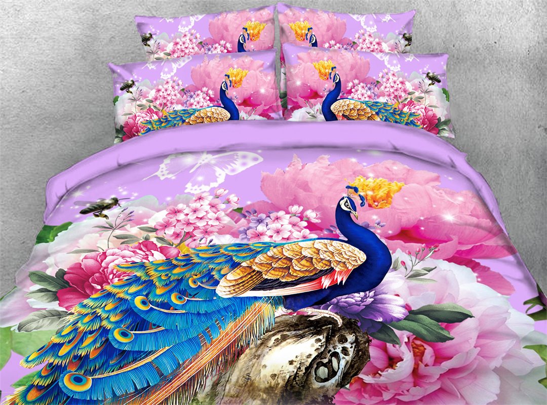 Juego de edredón/juego de cama de 5 piezas con peonía rosa y pavo real en 3D, 2 fundas de almohada, 1 sábana encimera, 1 funda nórdica, 1 edredón, microfibra suave y agradable para la piel 