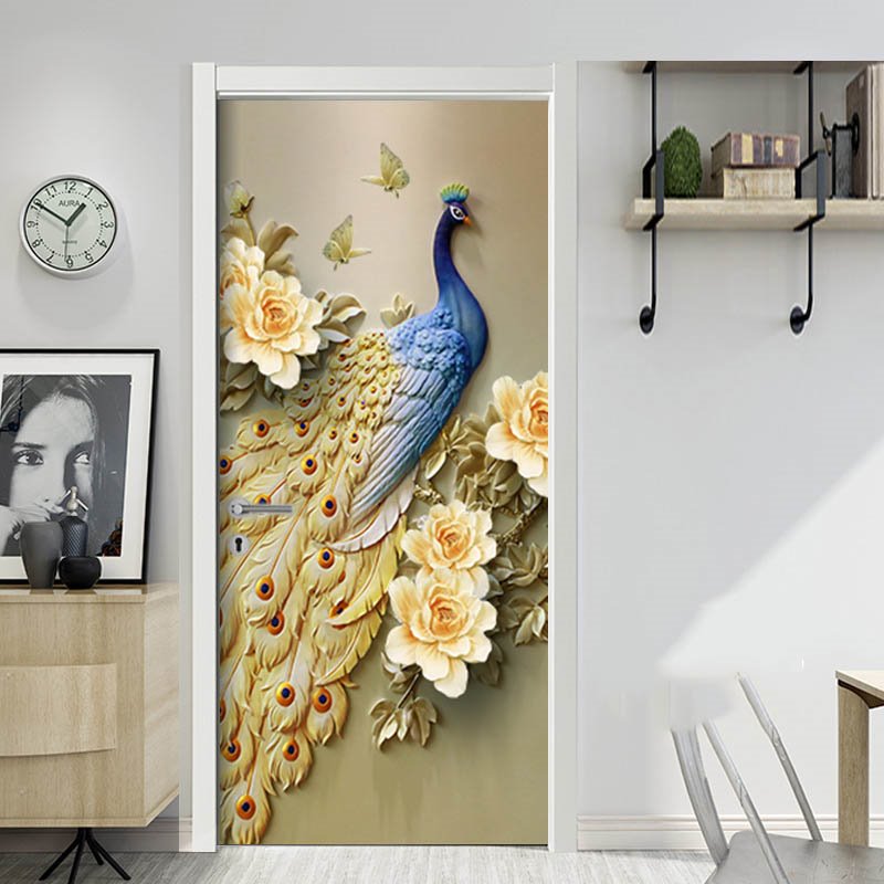 Peacock Window Sticker Blue Peacock and Roses 3D Door Mural Window Wardrobe Fridge Sticker PV ...