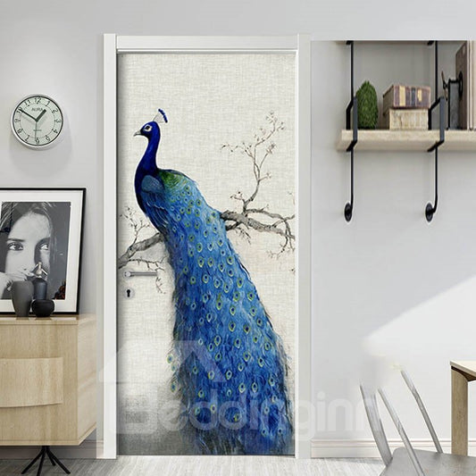 Pegatinas autoadhesivas de PVC para puerta, Mural 3D de pavo real azul, ventana, armario, nevera 