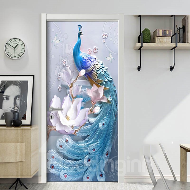 Peacock Window Sticker Peacock 3D Door Mural Window Wardrobe Fridge Sticker PVC Self-adhesive ...