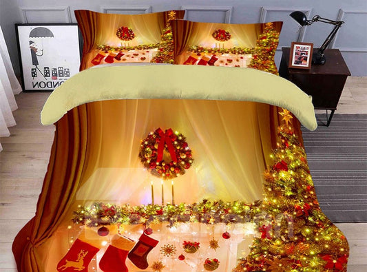 Weihnachtssocken 3D-Bettbezug-Set, 4-teiliges Polyester-Weihnachtsbettwäsche-Set 