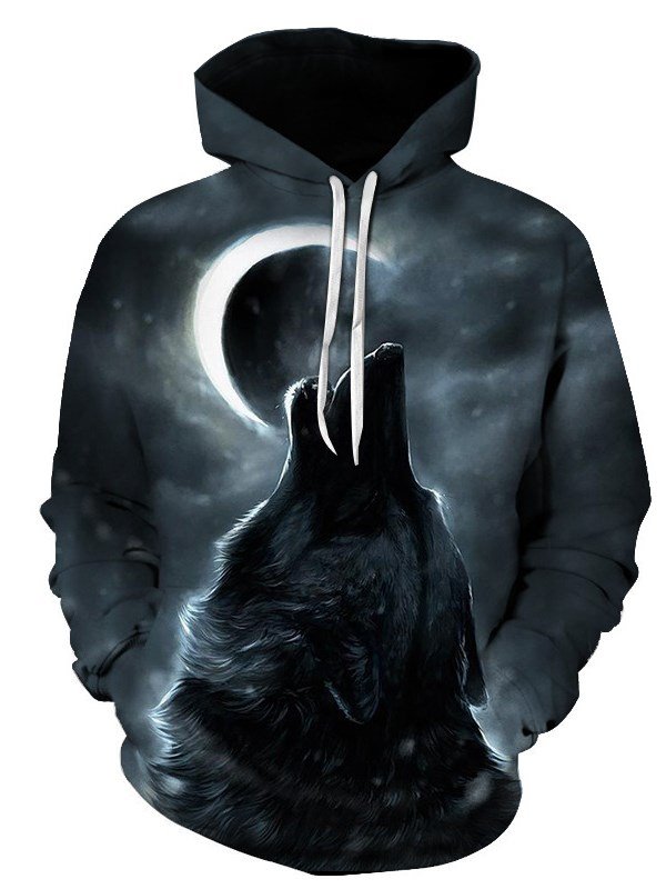 Realistischer 3D-Digitaldruck-Pullover, Kapuzenpullover, Mond- und Wolf-Design