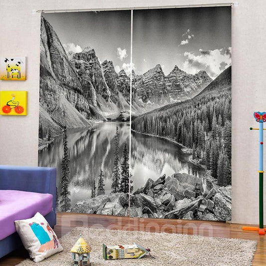 Blackout Watercolor Polyester 3D Print Scenery Curtain with Black and White Landscape Design 200g/m2 Shading Polyester Heat Insulation and Wind-proof