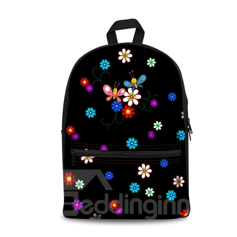 3D-Kinderschulrucksack für Jungen und Mädchen, Blumen und Schmetterlinge mit schwarzem Farbdruck auf der Unterseite