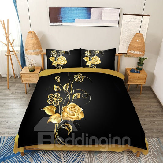 Juego de funda nórdica de 4 piezas con flores de rosas doradas en 3D, juego de cama floral, color negro 
