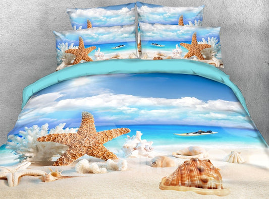Conchas de estrella de mar Paisaje de playa en 3D Ropa de cama Juego de edredón de 5 piezas / Fundas nórdicas Microfibra suave, ligera, cálida y agradable para la piel, azul 