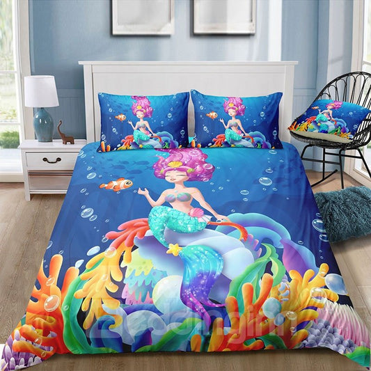 Coral and Mermaid 3D Cartoon 3-Piece Blue Duvet Cover Set with 2 Pillowcases