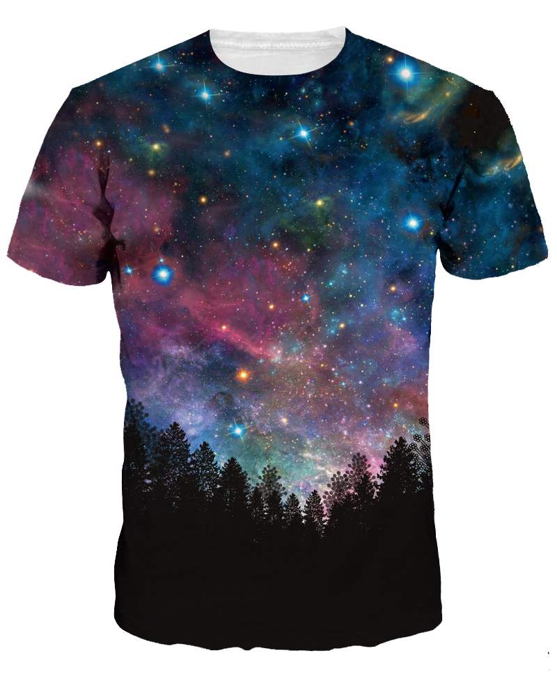 Modernes, blaues, 3D-bemaltes T-Shirt mit Rundhalsausschnitt und Galaxie- und Baummuster