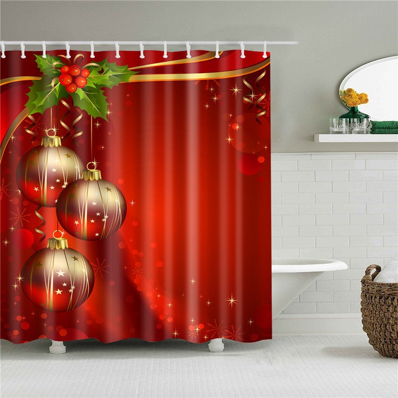 Christmas Balls 3D Shower Curtain Red Bathroom Partition Curtain Durable Waterproof Mildew Proof Polyester