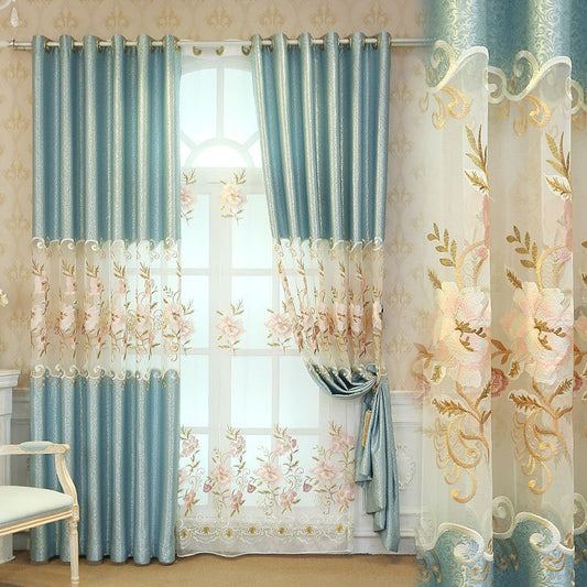 Verdunklungsvorhänge, Blumenstickerei, Schattierungsvorhänge, Blau, edel und elegant für Wohnzimmer, Schlafzimmer, Fensterdekoration, individuelle 2-Bahnen-Vorhänge