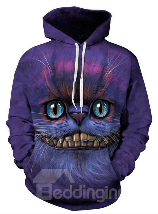 Sudadera con capucha pintada en 3D con bolsillo y patrón de cara de gato creativo de manga larga fresca
