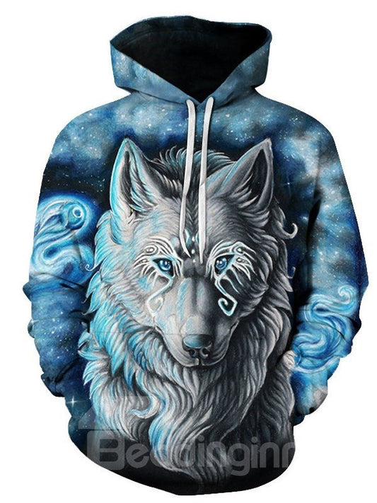 Sudaderas con capucha informales y cómodas con estampado de lobo fresco en 3D y bolsillo 