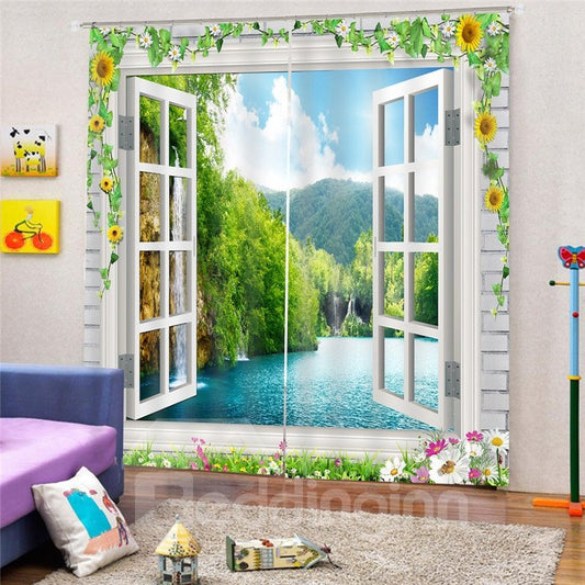 Cortinas opacas y decorativas con estampado de vista al río y diseño de ventana blanca en 3D 