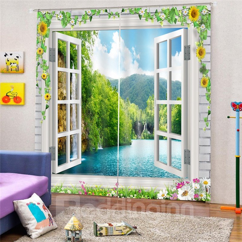 River View Print Blackout and Decorative Curtains with 3D White Window Design