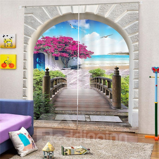 Beach Scenery Blackout and Decorative Curtains with 3D Stone Door Design Realistic HD Graphic Print Technology 200g/m2 Shading Polyester Heat Insulation and Water-Proof