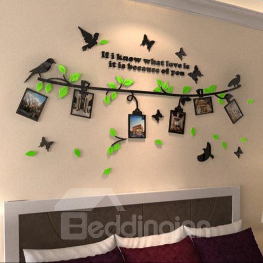 Baumzweige, Vögel und Schmetterlinge, 7 Fotorahmen, wasserfeste 3D-Wandaufkleber aus Acryl