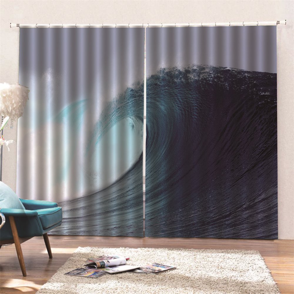 Blackout Creative Window Curtains 3D Sea Wave Print 260 Gram Weight for Better Shading Effect and Water-Repellent Fabrics Non-PVC