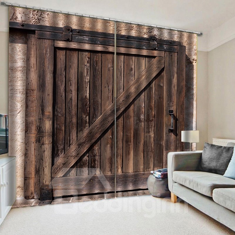 3D Realistic Retro Wooden Door Print Blackout and Decorative Curtains