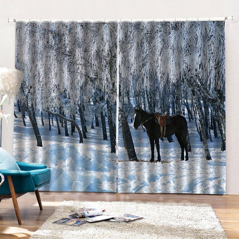 3D Realistic Print Blackout and Decorative Curtains with Horse and Snow Design